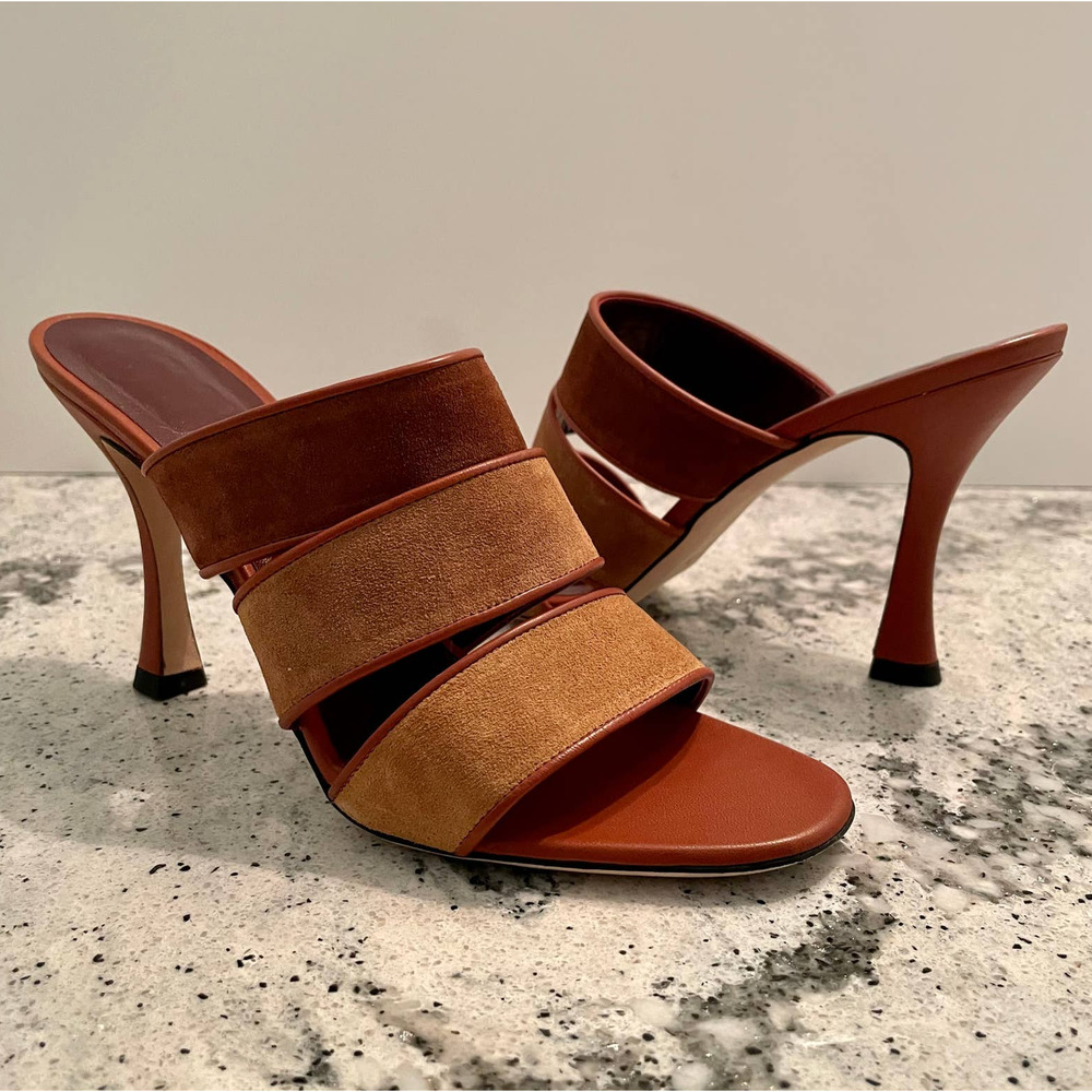 NEW STAUD Sonny High Heeled Sandals Colorblock Brown Leather Size 38.5 EU 8 US